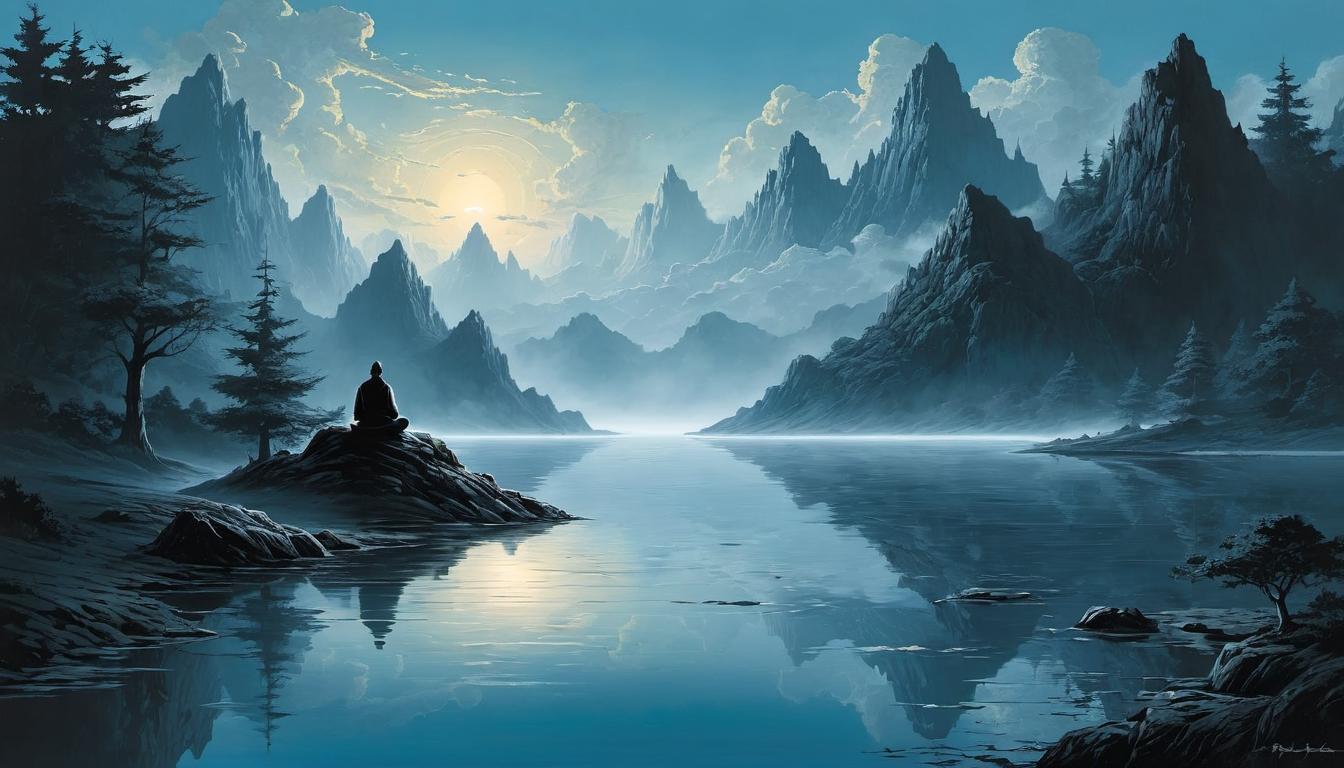  （surrealism)a serene landscape, a figure meditating at the center, multiple shadows of competitive figures around trying to reach but failing, sense of inner peace contrasted with external competition mystic, intricate details, best quality)