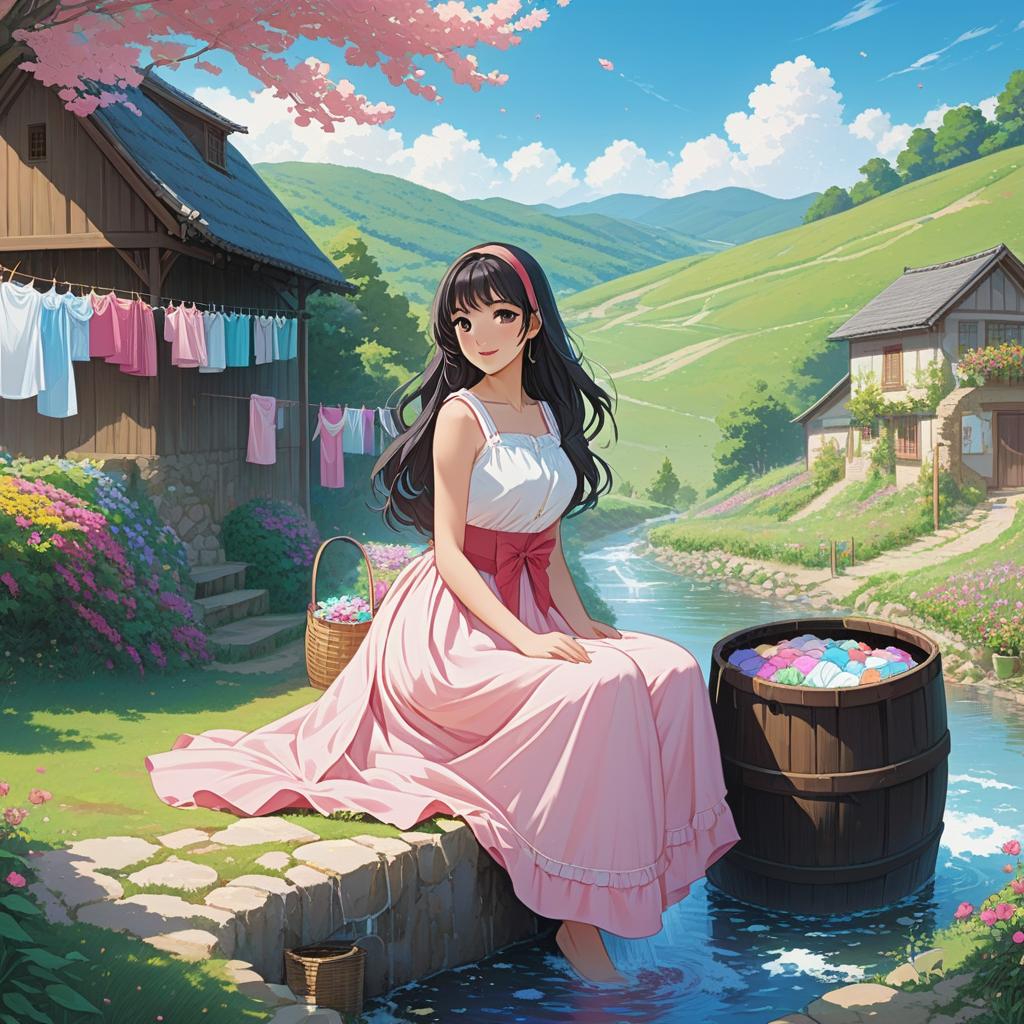  ### scene 2: washing clothes **description**: a graceful woman is washing colorful clothes in a basin next to the well. she is dressed in a flowing white and soft pink dress. a basket of laundry sits nearby. "a cheerful anime style character is beside a wooden barrel with water, set in a vibrant countryside scene. she wears a pink dress with a red sash and has long, dark hair adorned with a pink ribbon. behind her, laundry in various pastel colors is hung along a line, and flowers dot the landscape with a serene stream flowing nearby under a clear blue sky.", anime artwork, anime style, key visual, vibrant, studio anime, highly detailed