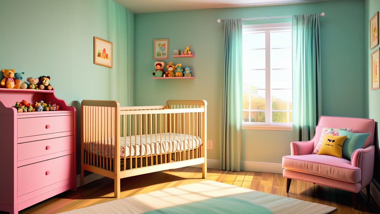  a cozy nursery scene featuring a gently used crib, soft pastel colors, plush toys, and a safety checklist visible nearby. natural light filters through a window, creating a warm, inviting atmosphere. hyperrealistic, full body, detailed clothing, highly detailed, cinematic lighting, stunningly beautiful, intricate, sharp focus, f/1. 8, 85mm, (centered image composition), (professionally color graded), ((bright soft diffused light)), volumetric fog, trending on instagram, trending on tumblr, HDR 4K, 8K