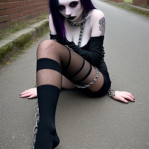  Young Woman, goth , on , , socks on, chain, freckles