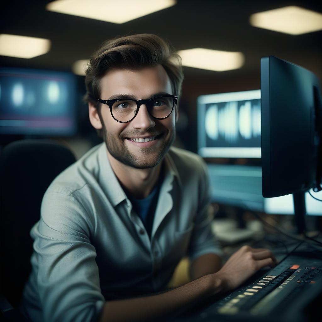  cinematic film still programmer, sitting on the right side behind the monitor, close up, photorealism, cinema, company, business, light smile . shallow depth of field, vignette, highly detailed, high budget, bokeh, cinemascope, moody, epic, gorgeous, film grain, grainy