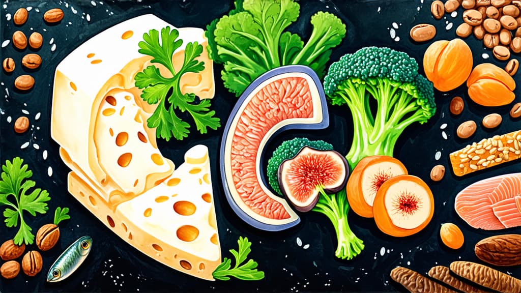  artwork the inscription ca made of cottage cheese, sour cream, nuts, cheese, parsley, spinach, dried apricots, figs, sesame, beans, broccoli, sardines on a black stone background on the right, on the left there is a lot of free space without product , watercolor techniques, featuring fluid colors, subtle gradients, transparency associated with watercolor art