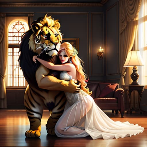  a big cat hugs a cute girl in the living room,pokemon,lion hyperrealistic, full body, detailed clothing, highly detailed, cinematic lighting, stunningly beautiful, intricate, sharp focus, f/1. 8, 85mm, (centered image composition), (professionally color graded), ((bright soft diffused light)), volumetric fog, trending on instagram, trending on tumblr, HDR 4K, 8K