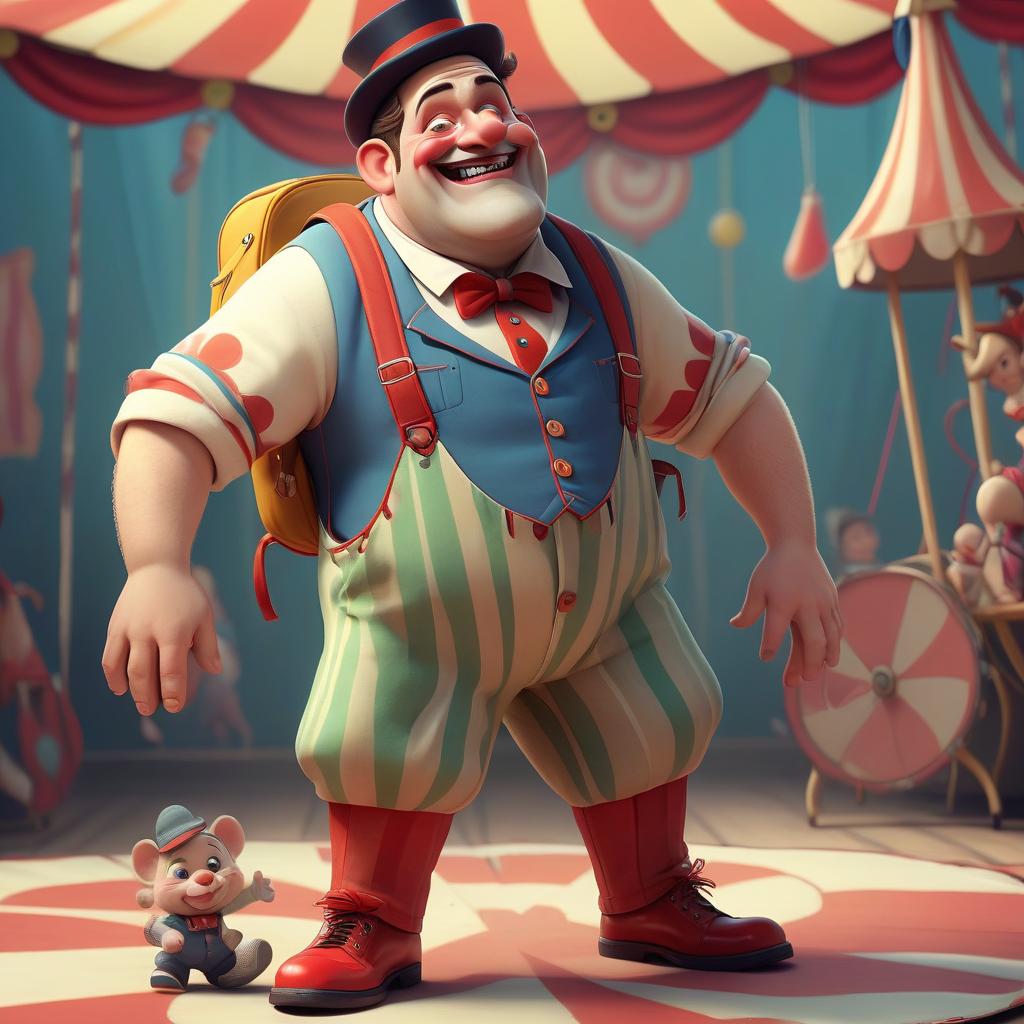  a circus man who is musical, funny, friendly with children. the clothes are bright, with large pockets. he has a backpack on his back. pants. shoes on him