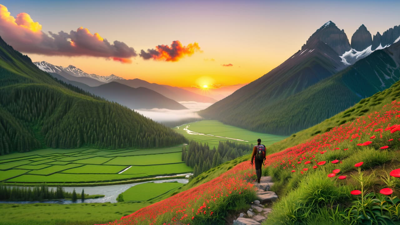  a stunning landscape featuring a lush green mountain range, a winding river, vibrant flowers in the foreground, and a backpacker gazing at a breathtaking sunset, creating an inviting atmosphere for adventure and exploration. hyperrealistic, full body, detailed clothing, highly detailed, cinematic lighting, stunningly beautiful, intricate, sharp focus, f/1. 8, 85mm, (centered image composition), (professionally color graded), ((bright soft diffused light)), volumetric fog, trending on instagram, trending on tumblr, HDR 4K, 8K