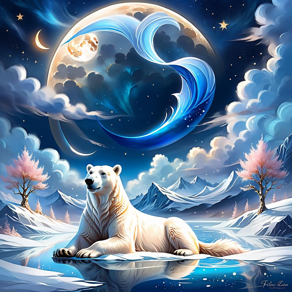  ethereal fantasy concept art of your neighbours are asleep the polar bears, sleep fast, too, little one. the clouds are breaking and the moon like a fish # and the moon like a fish and above it, glittering, like a pack of ice (style):fantasy, fairy tale, dream, magic, clouds, softness, polar lights, (colours):white, soft blue, dark blue, golden, rose gold, bluish silver. . magnificent, celestial, ethereal, painterly, epic, majestic, magical, fantasy art, cover art, dreamy