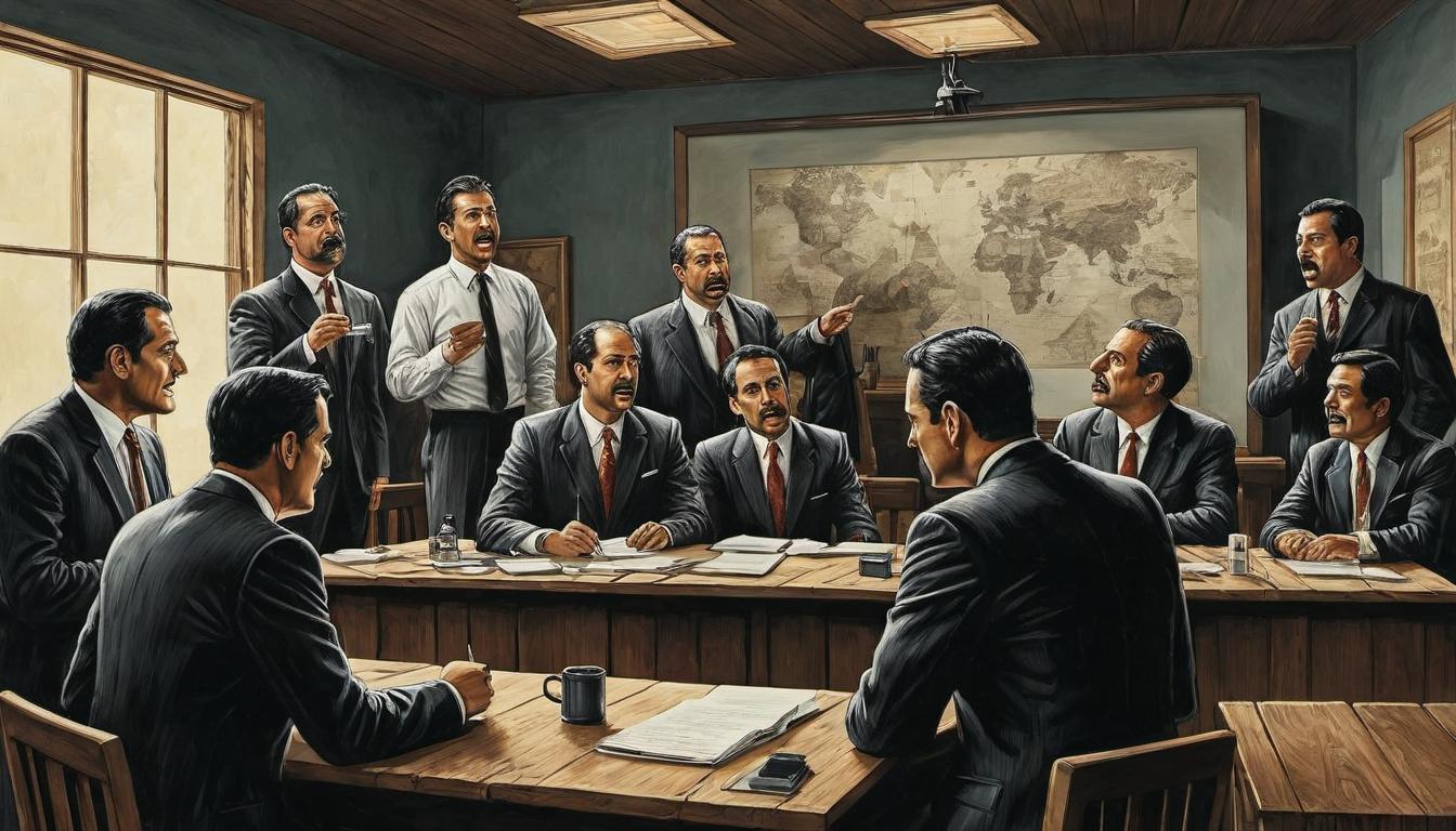  （surrealism)a lively office environment, a figure proudly showing off a presentation identical to one seen earlier being prepared by someone else, expressions of surprise and realization on the observers' faces, sense of deceit, competition mystic, intricate details, best quality)