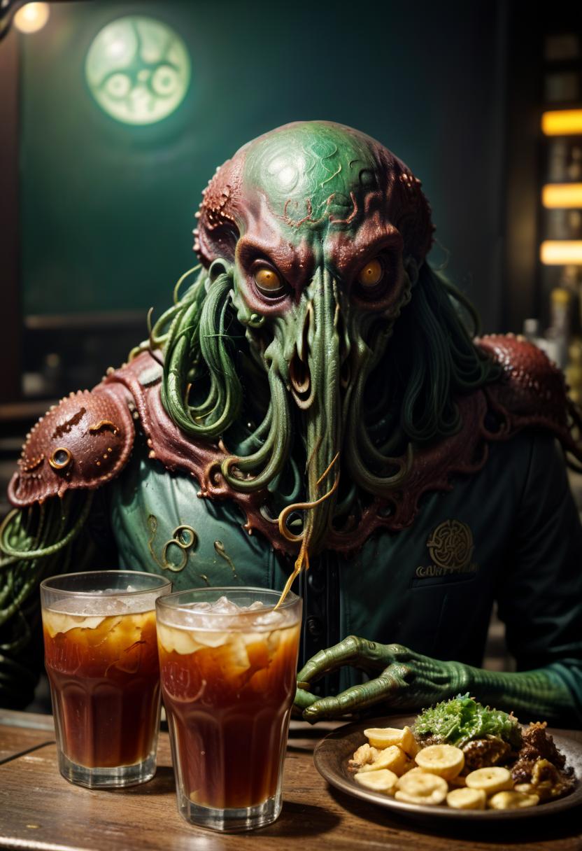  breathtaking cthulhu drinks in a bar with a stranger and snacks on hot wax painting style flywheels . award winning, professional, highly detailed, civitai