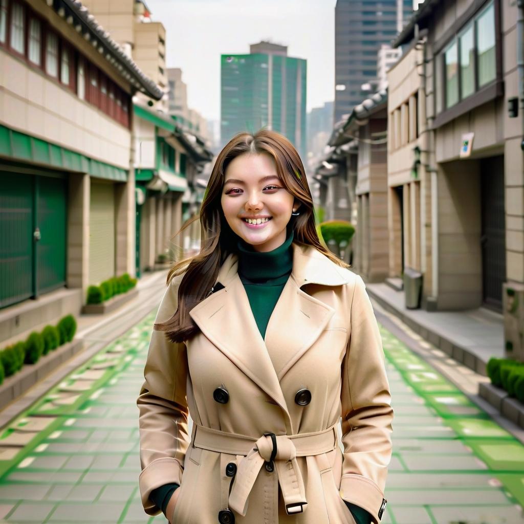  hdr photo of a full length brunette girl with dark green eyes on the background of buildings in south korea, smiling in a beige coat . high dynamic range, vivid, rich details, clear shadows and highlights, realistic, intense, enhanced contrast, highly detailed, film photography style