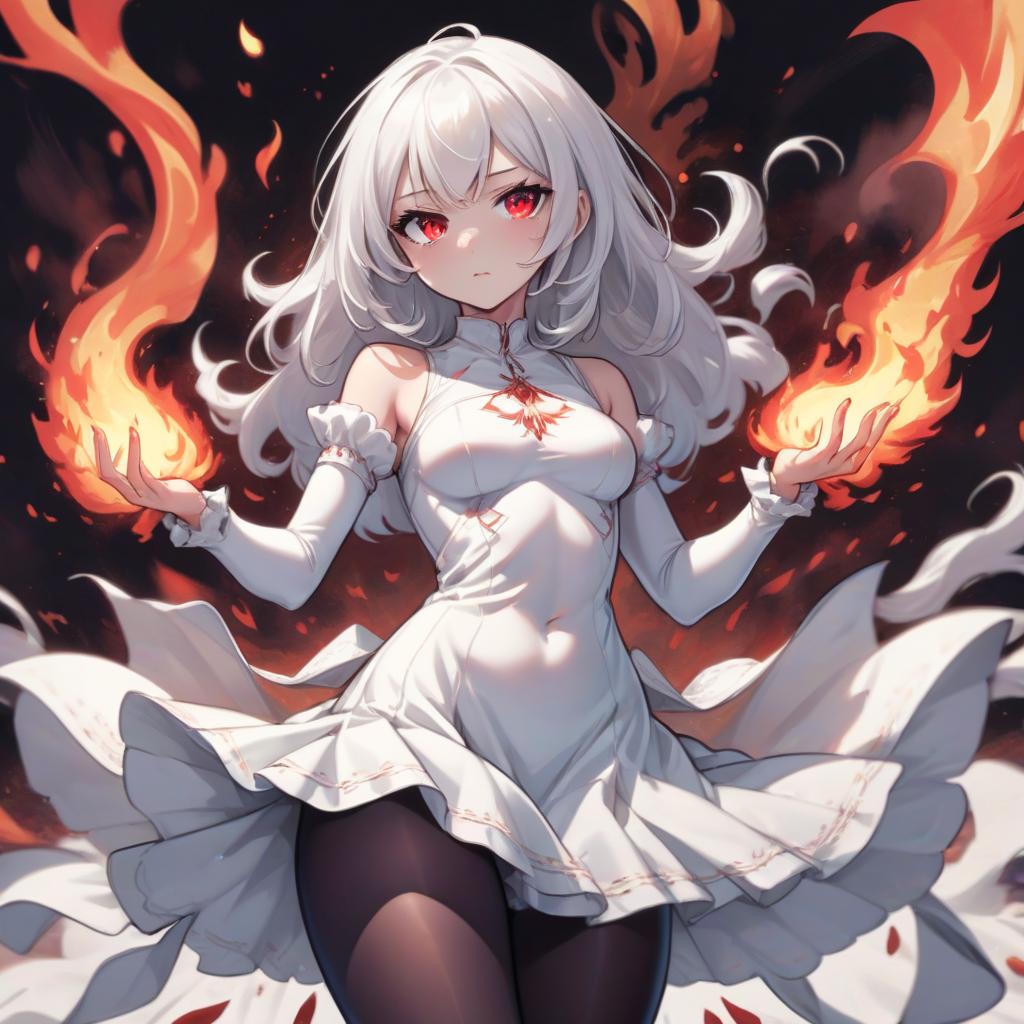  manga style girl in white dress , in black tights , white hair , red eyes , dark magic , beautiful smooth hands , even fingers , flame against the background , beautiful slim figure , beautiful legs . vibrant, high energy, detailed, iconic, japanese comic style, sticker