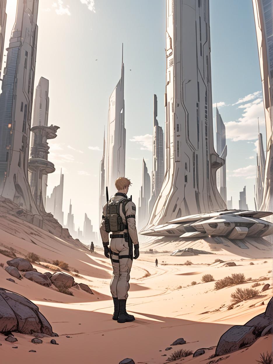  manga artwork create an image of a desert with futuristic military bases and a background with skyscrapers holding it. manga artist. manga, highly emotional. best quality, high resolution