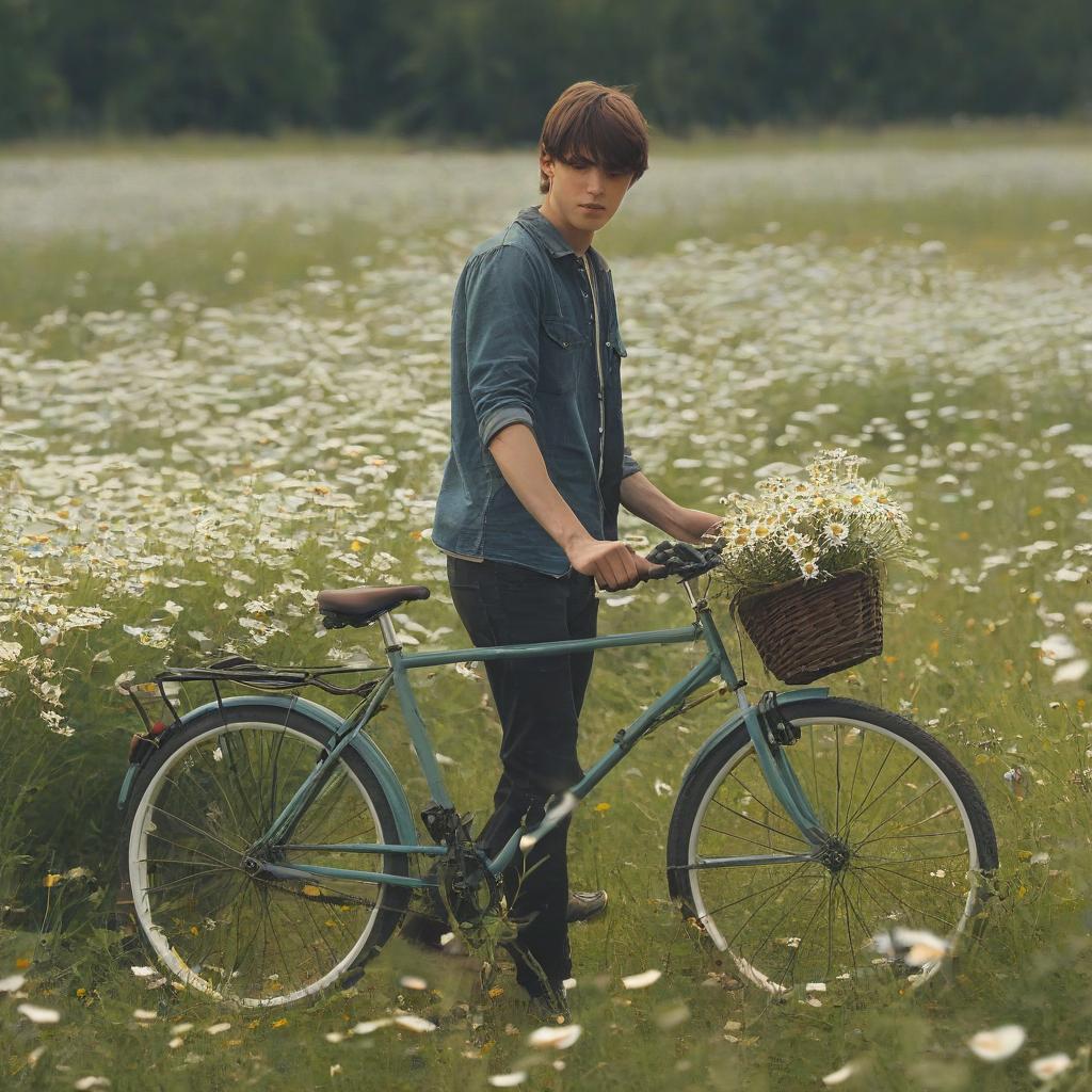  a young man in a meadow with daisies walks with a bicycle