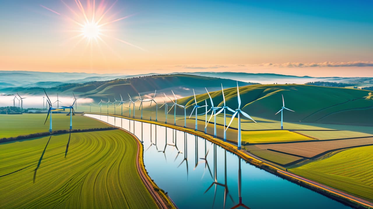  a vibrant landscape showcasing a solar farm glistening under the sun, wind turbines gracefully spinning on rolling hills, and a serene hydroelectric dam with flowing water, all blending harmoniously in a clear blue sky. hyperrealistic, full body, detailed clothing, highly detailed, cinematic lighting, stunningly beautiful, intricate, sharp focus, f/1. 8, 85mm, (centered image composition), (professionally color graded), ((bright soft diffused light)), volumetric fog, trending on instagram, trending on tumblr, HDR 4K, 8K