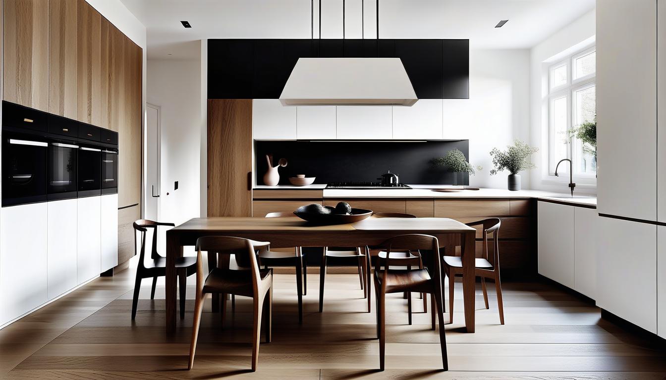  architectural style interior, kitchen, classics. white walls, table, floor oak, dark oak, house. photo. . clean lines, geometric shapes, minimalist, modern, architectural drawing, highly detailed