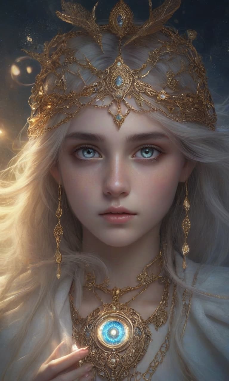  ethereal fantasy concept art of a girl with large silver eyes that shine with a bright, magical light, as if energy was burning inside them. eyes emit a mystical glow, emphasizing their depth and mystery epic necklace gold illuminates magical light . magnificent, celestial, ethereal, painterly, epic, majestic, magical, fantasy art, cover art, dreamy, hkmagic