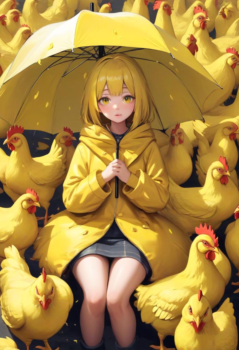  the girl covered with an umbrella of yellow chickens