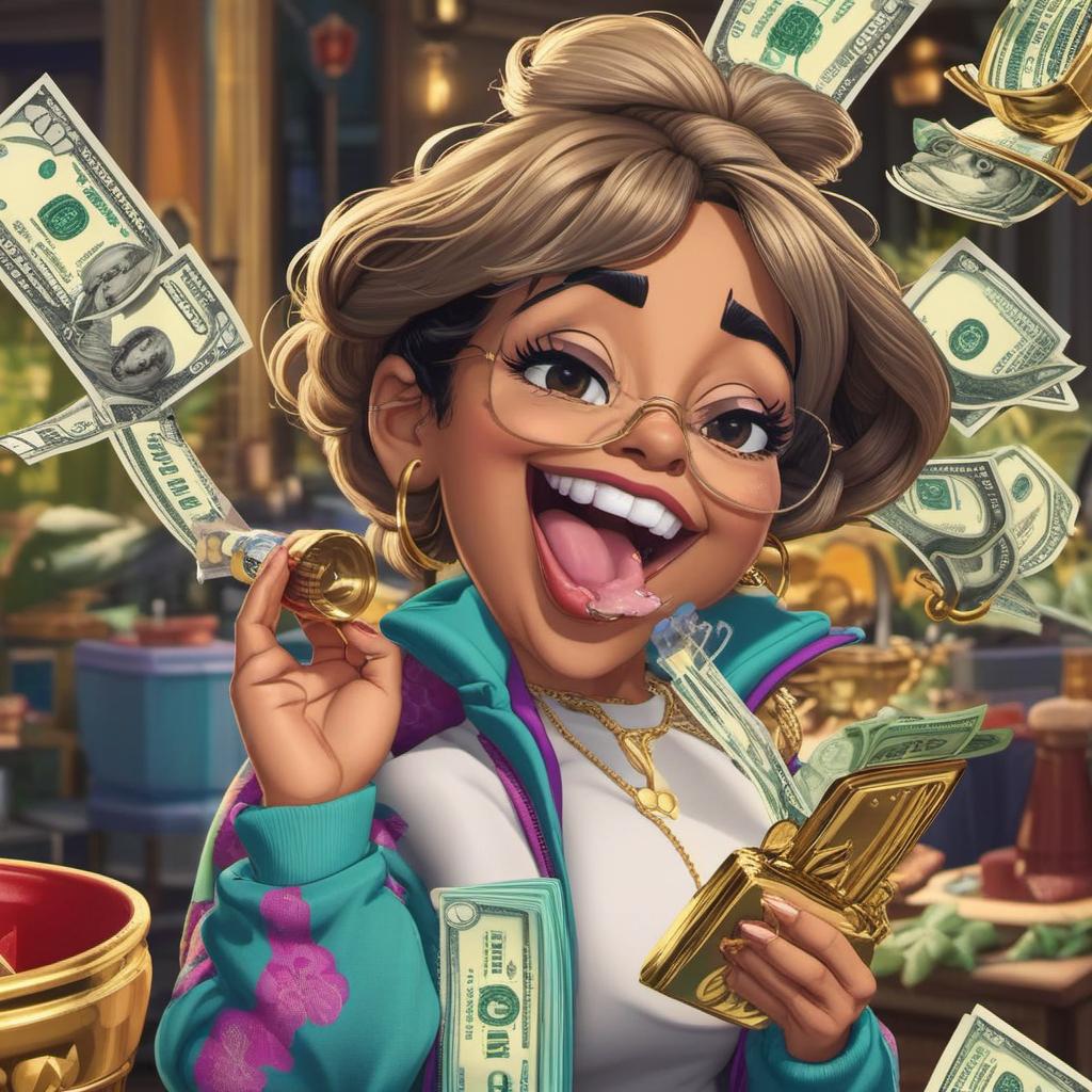  lola skumpy from the show big mouth with a stack of money in her hands and a bottle of baby oil in her other hand and gold grills on her teeth, profile image style