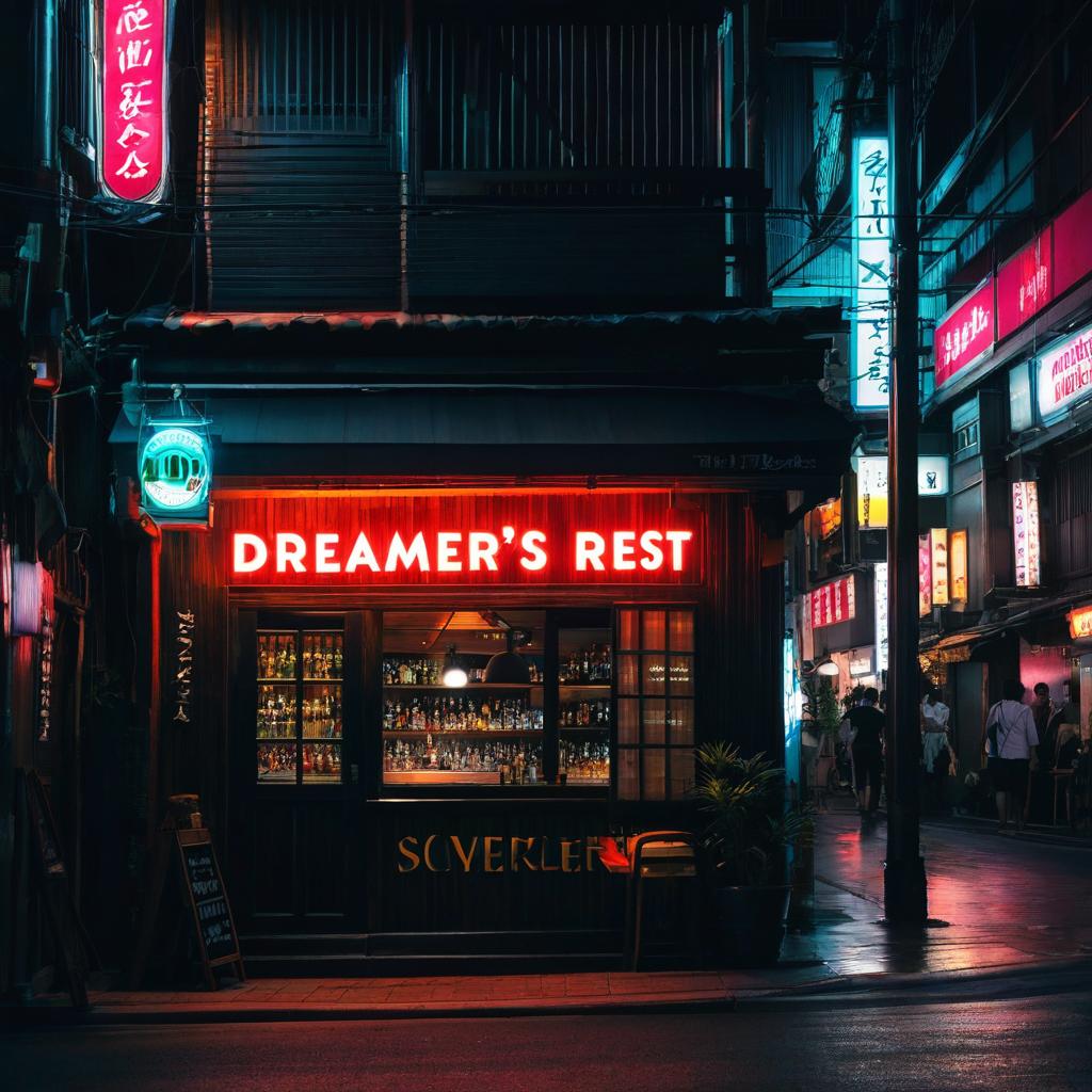  an external shot of a dimly lit bar. a bright neon sign says “a dreamer’s rest”, the name of the bar. it’s very dark, in tokyo at night., award winning, professional, highly detailed, masterpiece