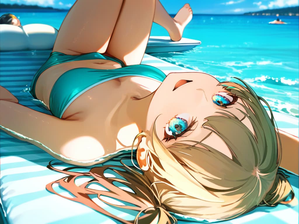  ultra detailed:1.2,masterpiece:1.2,best quality,masterpiece,bestquality,hdr:1.1,8k:1.1,very cute girl:1.3,(aqua color,sports ,swimwear:1.6),(lying,at striped float bed on sea:1.8) ,smile:1.4 ,(blonde hair,twin tail,drill hair:1.3) ,(on the sea:1.7),upper body:1.3,dutch angel:1.5,open mouth,(upside down:1.7)(from above:1.1)((eyes highlight:1.1))