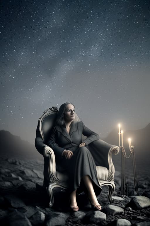  arrogant woman, frenchwoman in a soft chair, background starry sky, slate atmosphere, cinematic, dimmed colors, dark shot, muted colors, film grainy, lut, spooky