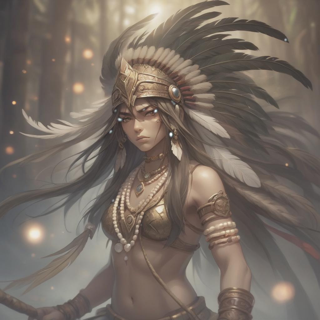  long exposure photo of portrait of rage strong amazonas warrior, long hair, tilting head down, mantle, shoulder pad feather, accessory necklace with pearls on the forehead . blurred motion, streaks of light, surreal, dreamy, ghosting effect, highly detailed, hkmagic