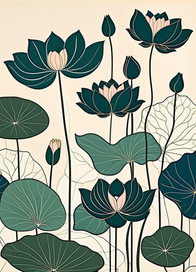  minimalism, the images features individual lotus flowers and leaves, each illustrated with fine detail, highlighting their unique textures and curvature. the flowers and leaves vary. each plant carries its own distinct form, emphasizing their organic and fluid shapes., abstract, simple geometic shapes, hard edges, sleek contours, minimalism