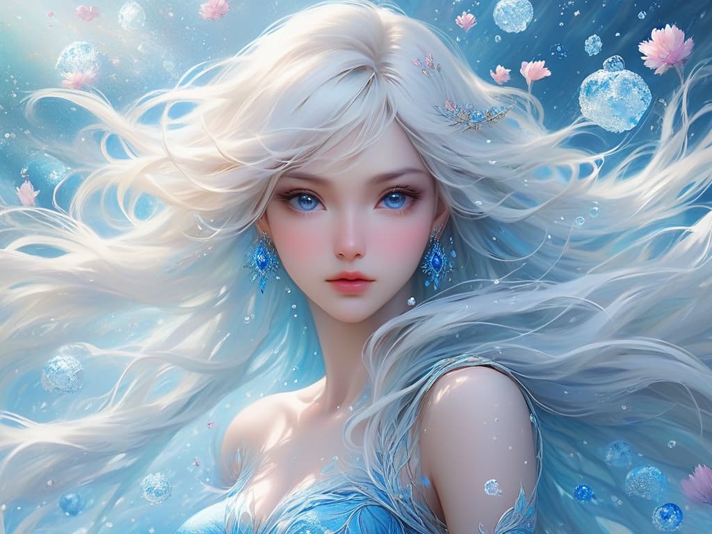  ethereal fantasy concept art of masterpiece,best quality,official art,extremely detailed cg 8k wallpaper,(flying petals) (detailed ice),crystals texture skin,1girl,cold expression,white hair,long hair,messy hair,blue eye,looking at viewer,extremely delicate and beautiful,water,((beauty detailed eye)),highly detailed,cinematic lighting,((beautiful face), fine water surface, (original figure painting), ultra detailed, incredibly detailed, (an extremely delicate and beautiful), beautiful detailed eyes, (best quality). magnificent, celestial, ethereal, painterly, epic, majestic, magical, fantasy art, cover art, dreamy