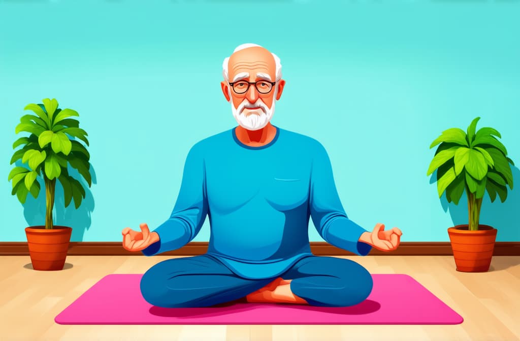  elderly funny man in yoga lotus pose doing meditation, mindfulness practice, spiritual discipline at home or in gym. cute old man sitting on mat and meditating. raster illustration ar 3:2 {prompt}, maximum details