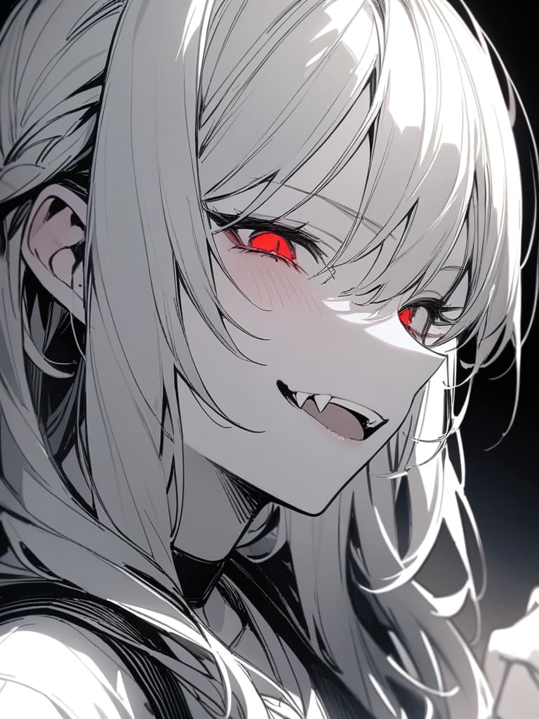  monochrome, girls, eyes are red, mature, cool, laughing, vampires, cool, fangs, masterpiece, best quality,8k,ultra detailed,high resolution,an extremely delicate and beautiful,hyper detail