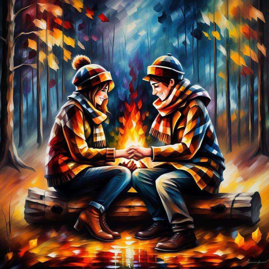  (style of leonid afremov:1.5), two young people in love, checkered scarves, checkered berets, sit in front of a fire in an autumn forest, holding hands, epic realism, anime features, dark fantasy, abstract horror, desaturated color palette, gothic and renaissance aesthetic, (happy smiles:1.4 ),