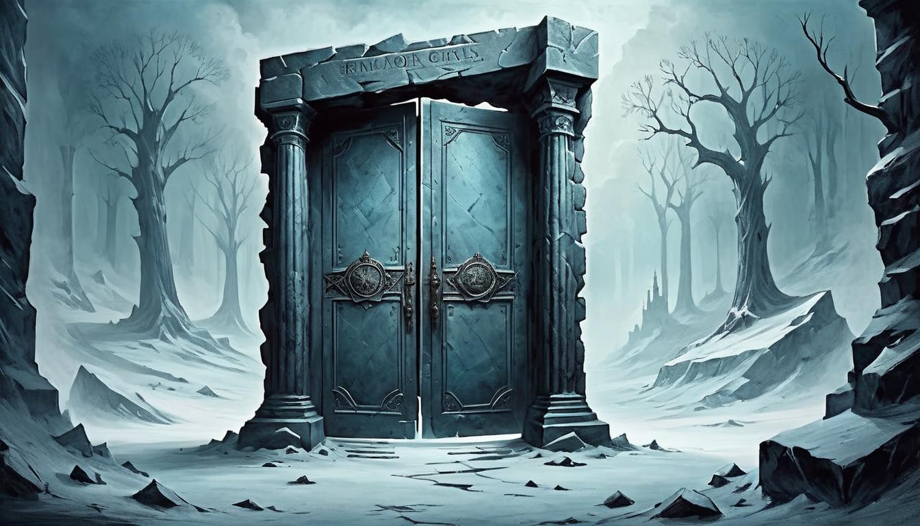  on parchment, surrealism+++, large, cold iron door, immovable, monument to failure, shadowy past, icy and relentless gravitas(mysterious, provocative, symbolic,muted color)+++