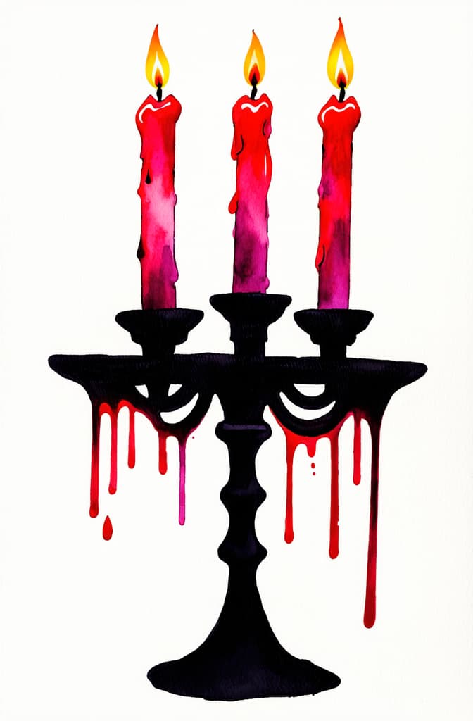  artwork hand drawn watercolor halloween candelabrum with black burning candles dripping red wax isolated on white ar 2:3, watercolor techniques, featuring fluid colors, subtle gradients, transparency associated with watercolor art