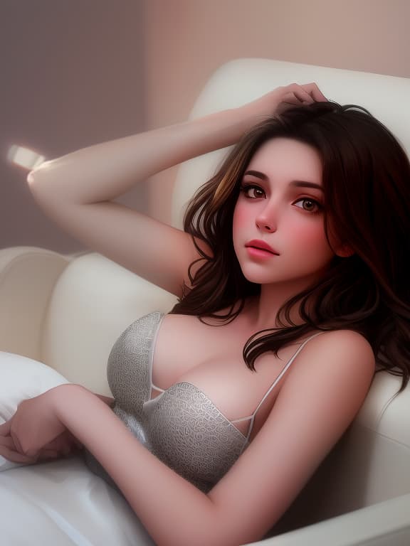  a brunette girl takes a selfie in a white night girl lying on the couch. photorealistically