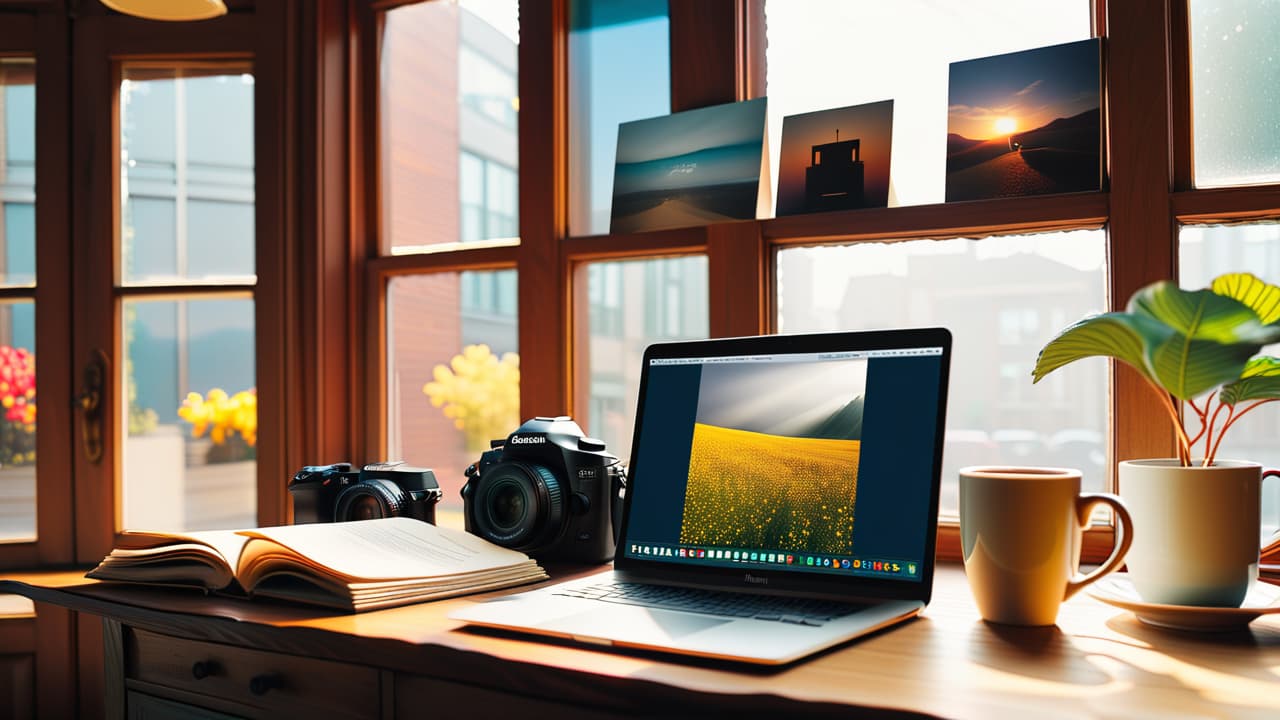  a workspace featuring a laptop displaying a photography portfolio, alongside a camera, invoices, and a coffee cup. soft natural light filters through a window, highlighting a wall adorned with framed photographs. hyperrealistic, full body, detailed clothing, highly detailed, cinematic lighting, stunningly beautiful, intricate, sharp focus, f/1. 8, 85mm, (centered image composition), (professionally color graded), ((bright soft diffused light)), volumetric fog, trending on instagram, trending on tumblr, HDR 4K, 8K