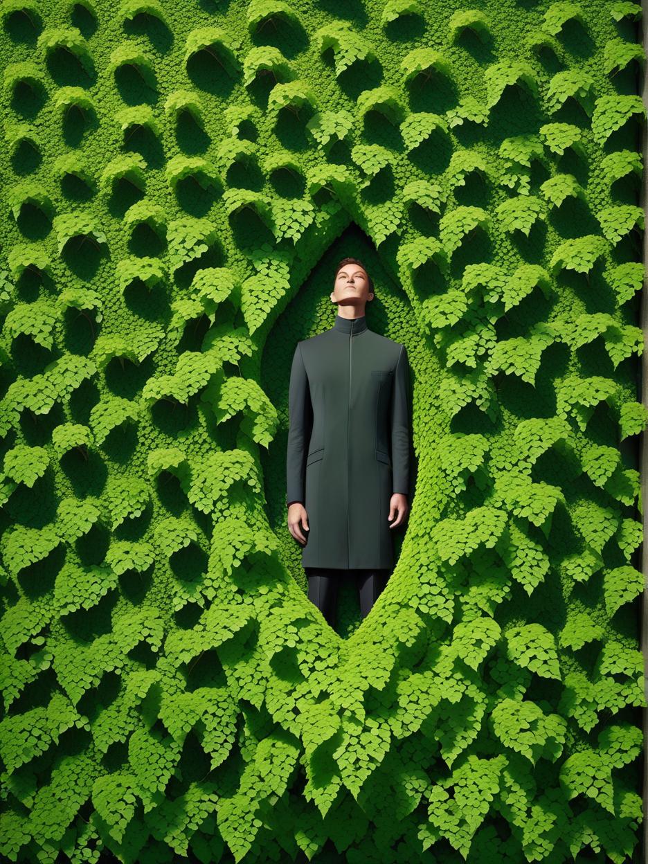  minimalism, person surrounded by green vines. their entire body., abstract, simple geometic shapes, hard edges, sleek contours, minimalism