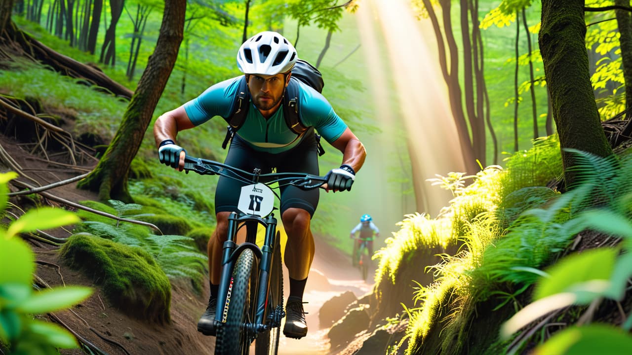  a mountain biker navigating a rocky trail, wearing a helmet and protective gear, surrounded by lush green trees and steep cliffs, with visible caution signs and a serene sunset illuminating the path ahead. hyperrealistic, full body, detailed clothing, highly detailed, cinematic lighting, stunningly beautiful, intricate, sharp focus, f/1. 8, 85mm, (centered image composition), (professionally color graded), ((bright soft diffused light)), volumetric fog, trending on instagram, trending on tumblr, HDR 4K, 8K