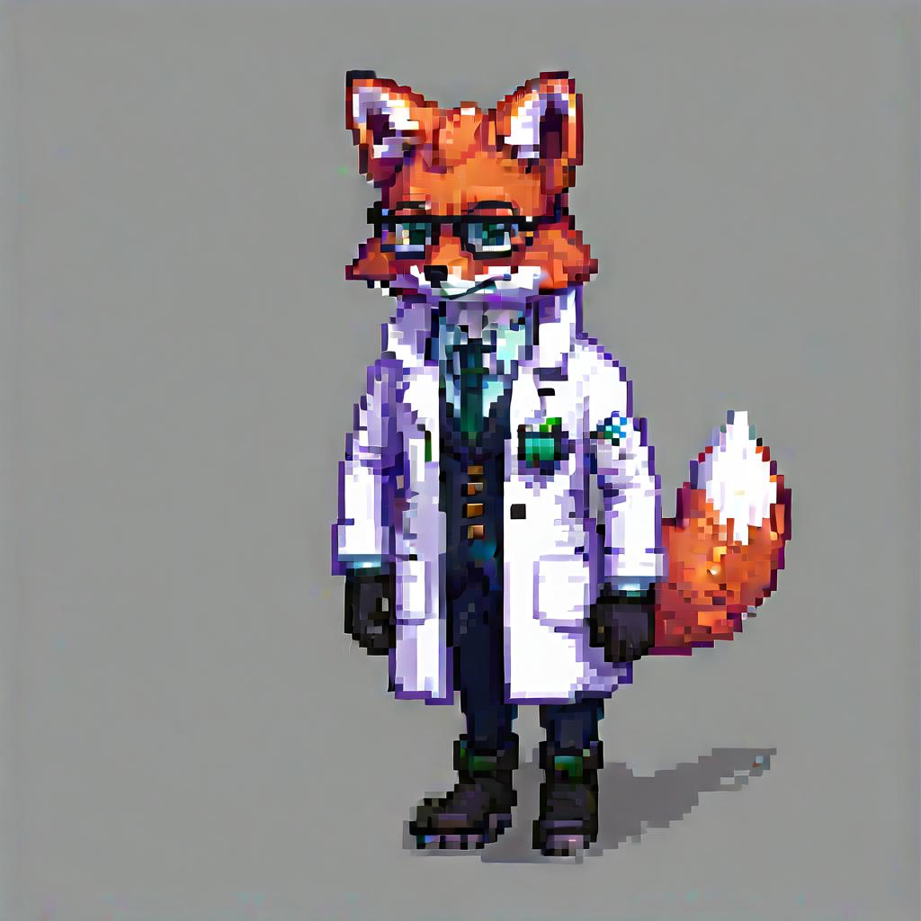  pixel art full length, anthropomorphic fox scientist, collaborator in white coat and black boots, . low res, blocky, pixel art style, 8 bit graphics