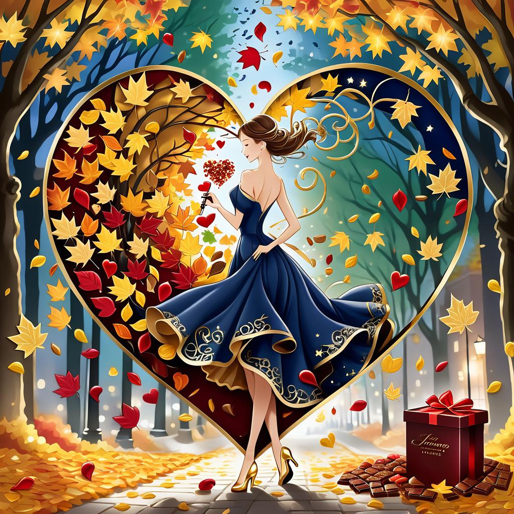  luxury product style on a carpet of yellow leaves in a simple dress of wind given crepe autumn danced a waltz boston in an alleyway. the warm day flew away and the saxophone sang hoarsely. (background of the card): falling autumn leaves, a whirlwind of autumn leaves, wind saxophone, ((a box of chocolates, the inscription "autumn waltz")) , a greeting card. (heart), a beautiful figure made of contours in the shape of a heart. (heart colour): night sky background, stars, gold pattern. (style):fantasy, autumn art, autumn romance. (colours):gold, green gold, navy blue, red, red gold, brown gold, silver, golden blue, bluish blue, dark blue on gold . elegant, sophisticated, high end, luxurious, professional, highly detailed