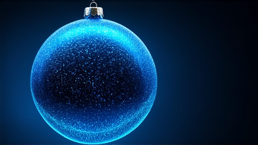  epic realistic, hyperdetailed, (cycles render:1.3), caustics, (glossy:0.58), (artstation:0.82),light blue sparkling christmas ball hanging on left side on dark blue background with glitters ar 16:9