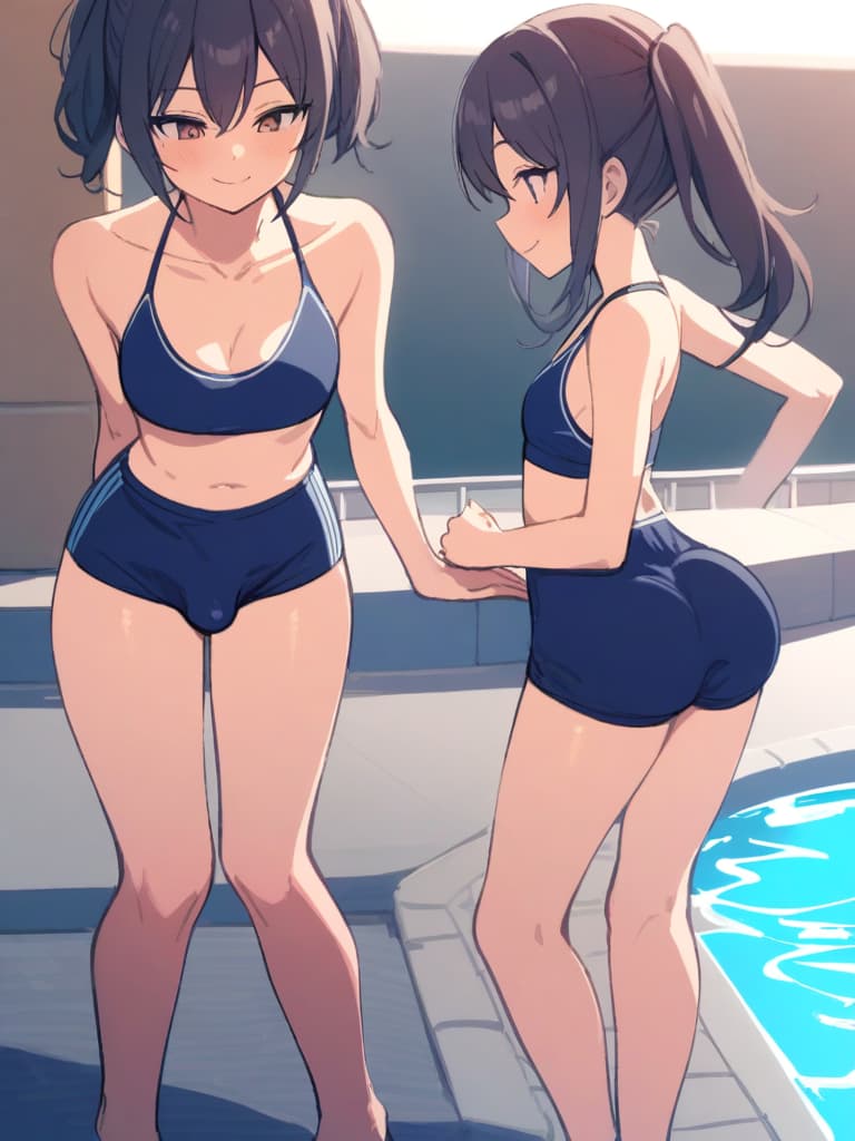  women's elementary students (male), twin tails, cute smiles, rich s, low stature, dark blue swimwear, old swimwear, , simple, , (bulge), male (bulging), front, whole body, pool side,