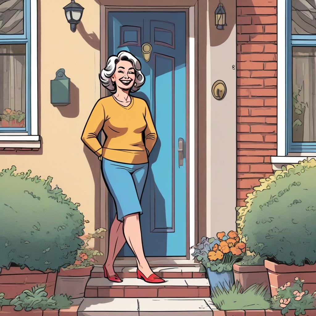  middle aged woman on her doorstep, smiling, color comic style