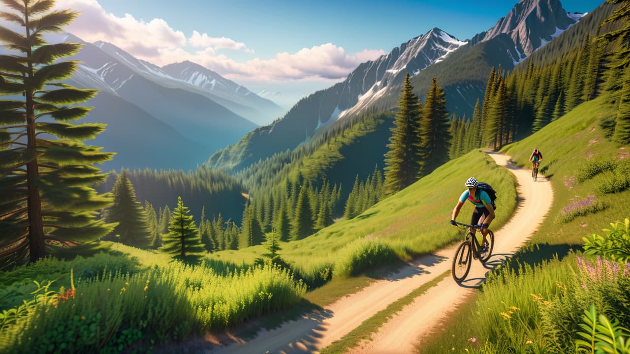  a vibrant mountain landscape with a cyclist navigating a rugged trail, sweat glistening on their brow, surrounded by lush greenery and distant peaks, showcasing the thrill and intensity of mountain biking for fitness. hyperrealistic, full body, detailed clothing, highly detailed, cinematic lighting, stunningly beautiful, intricate, sharp focus, f/1. 8, 85mm, (centered image composition), (professionally color graded), ((bright soft diffused light)), volumetric fog, trending on instagram, trending on tumblr, HDR 4K, 8K