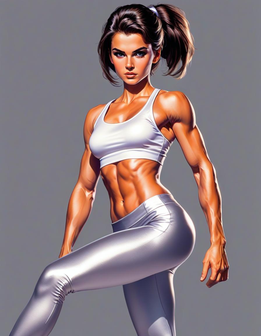  retro game art athlete, beautiful girl, european in a short white top and silver leggings, full length to the lens face, sports figure, full length, muscles drawn arms, legs, abdomen, skin shines, dark hair, tail collected, facial features correct, beautiful. . 16 bit, vibrant colors, pixelated, nostalgic, charming, fun