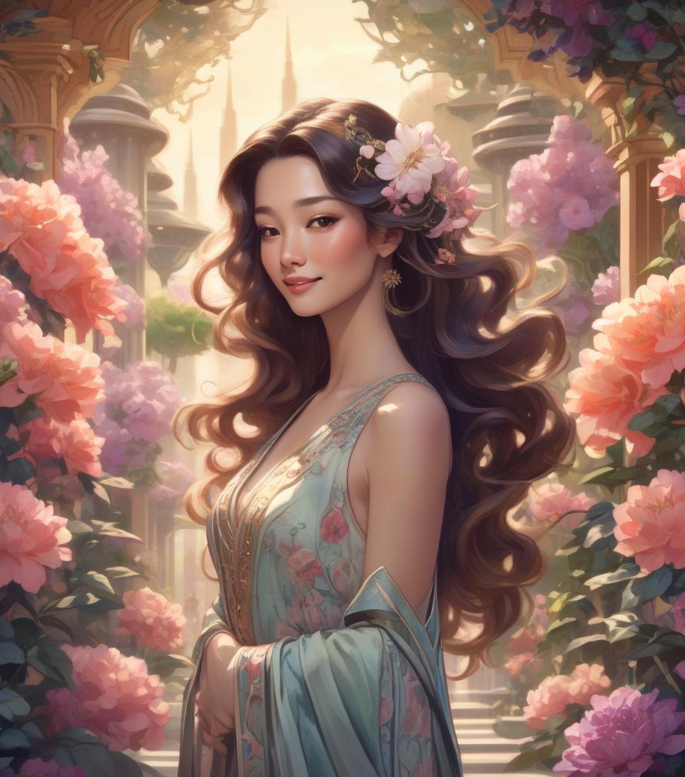  concept art oriental woman sporting a subtle smile amidst an opulent flower garden, imperial hues enveloping the art nouveau inspired floral backdrop, crowned regally, radiant backlighting highlighting her flowing hair, radiant, mythical allure transcending existence, watercolor aesthetic, greg rutkowski's touch, trending on artstation, razor sharp focus, studio setting, elaborate intricacies, volumetric . digital artwork, illustrative, painterly, matte painting, highly detailed