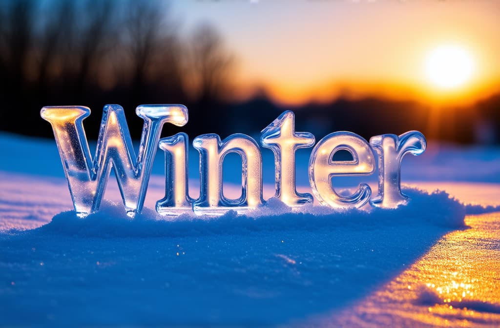  ice letters"winter" on sparkling snow, sunset, counter light ar 3:2 {prompt}, maximum details