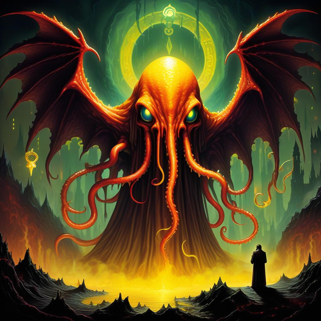  retro game art a creature in a priest's mantle in a sticky shiny slime bent into the fog and light of yellow lights smoke red sparks spikes terror of lovecraft's tentacles necronomicon and rings of slime wings . 16 bit, vibrant colors, pixelated, nostalgic, charming, fun