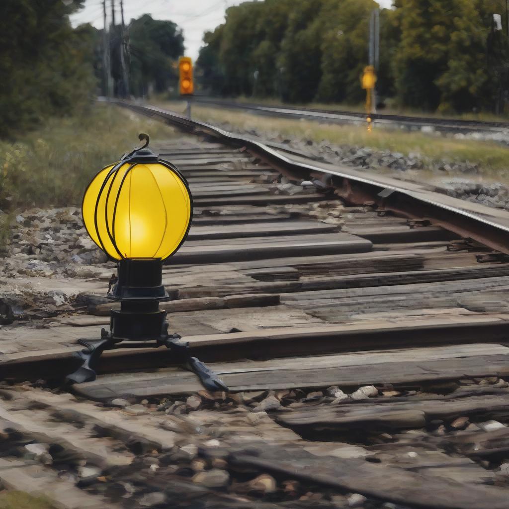  railroad crossing with a yellow lantern