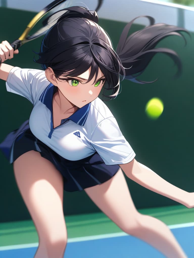  (masterpiece, highest quality,), beautiful fine eyes, very detailed, black hair, aho hair, long hair, green eyes, ponytails, busty, blurred background, shy pinup, tennis, tennis racket: 1.1), wearing tennis uniforms, tennis courts, (moving: 1.2), hitting the ball with a tennis ball, some players, standing in one foot </input> </xml>, , motion blur, with a racket with one hand, with the right hand, hit, one ball