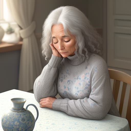  a mature woman with frizzy gray hair sits at a table covered with a floral tablecloth. she is wearing a dark, knitted sweater and appears to be lost in thought with her eyes closed. in front of her is a large, vintage bowl. the background features soft blue curtains that gently diffuse the light, creating a calm and serene atmosphere. the walls have a subtle pattern of muted colors and floral designs. the scene conveys a sense of tranquility and introspection.