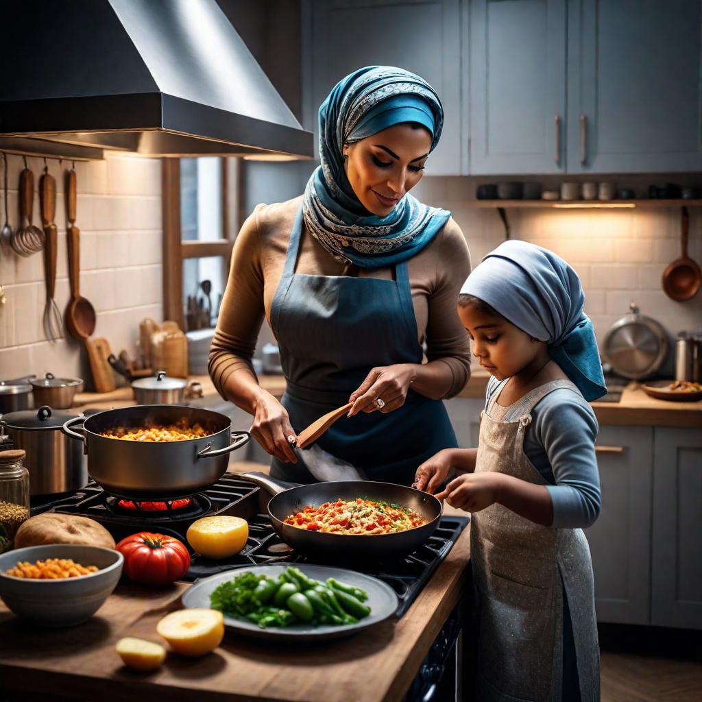  a woman in a headscarf is cooking in the kitchen with her child. hyperrealistic, full body, detailed clothing, highly detailed, cinematic lighting, stunningly beautiful, intricate, sharp focus, f/1. 8, 85mm, (centered image composition), (professionally color graded), ((bright soft diffused light)), volumetric fog, trending on instagram, trending on tumblr, HDR 4K, 8K